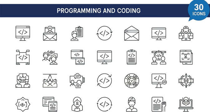 Collection of 30 programming and coding related icons and symbols