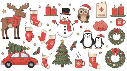 Festive christmas illustrations reindeer snowman owl and winter holiday decorations