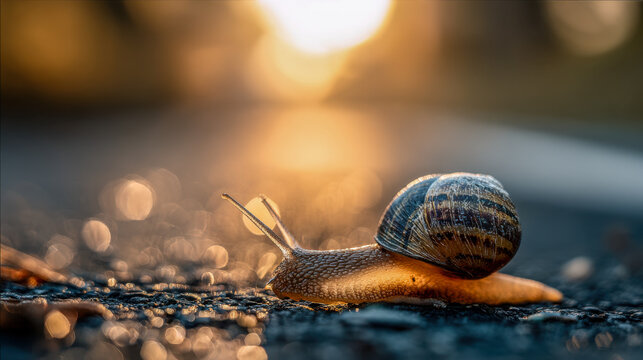A detailed macro shot of a snail slowly moving across a textured surface illuminated by warm golden sunlight during sunset with soft bokeh background effects
