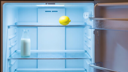 An almost empty refrigerator glows with cool blue light, holding a single lemon and a bottle of fresh milk on its wet shelves