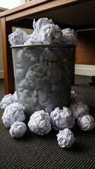 Crumpled white paper overflowing from a mesh trash bin under a wooden desk