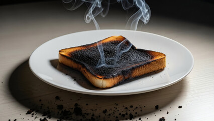 A slice of thoroughly burnt toast smoking on a white plate with scattered charred crumbs