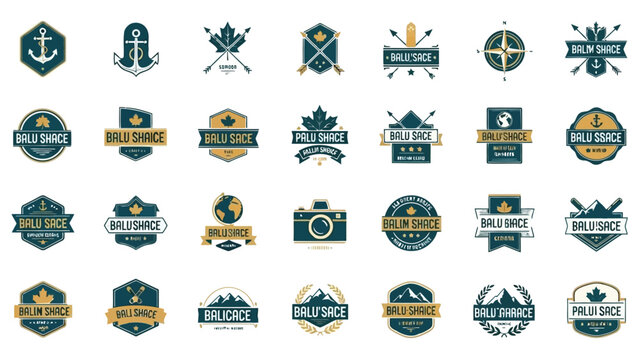 Collection of nautical and travel themed badges and icons in a vintage style
