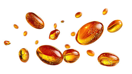 A closeup of yellow fish oil and cod liver oil capsules on a white background showing healthy omega vitamin supplement pills for medical healthcare pharmacy use isolated on white background