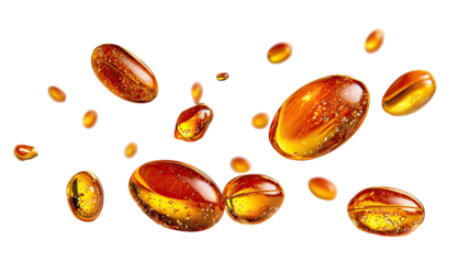 A closeup of yellow fish oil and cod liver oil capsules on a white background showing healthy omega vitamin supplement pills for medical healthcare pharmacy use isolated on white background