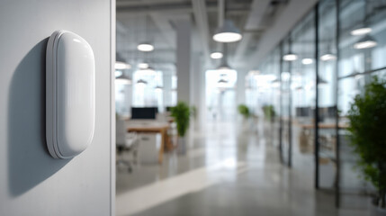 Fototapeta premium Modern office interior with sleek wireless motion sensor mounted on wall to enhance smart building automation and security systems in bright workspace