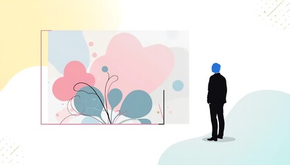 A man in a suit stands in front of a large abstract art piece with pink and blue shapes