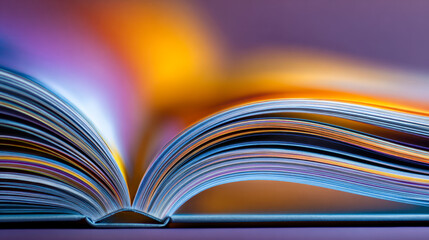 Vibrant pages of an open book curled gracefully with colorful light reflections creating a mesmerizing abstract pattern and artistic visual effect