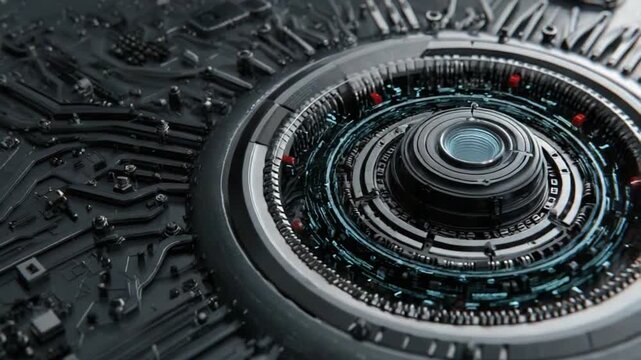 Cybernetic Core: Intricate details of a futuristic cybernetic core reveal the complex beauty of technology, with circuits, gears, and a central lens, offering a glimpse into the digital world.