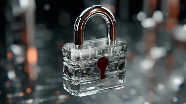 Secure Digital Fortress: A transparent padlock, representing security and protection, stands boldly against a tech-infused background, signifying the safeguarding of digital realms and information