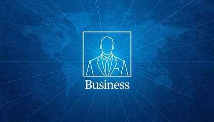 A professional business icon on a blue background with a world map