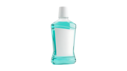 Bottle of clear blue mouthwash with blank label on white background