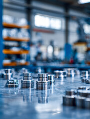 Industrial metal machine parts arranged on a reflective surface with blurred factory background showcasing precision engineering components in a manufacturing settin
