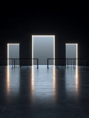 Futuristic Entry Gates with Illuminated Frames Minimal Security Checkpoint