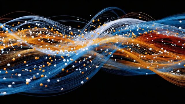 Flow of Data: Dynamic abstract digital artwork showcasing vibrant waves of data particles flowing in a visually compelling display of information and technology.