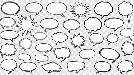 Collection of various black and white comic speech bubbles and explosion effects