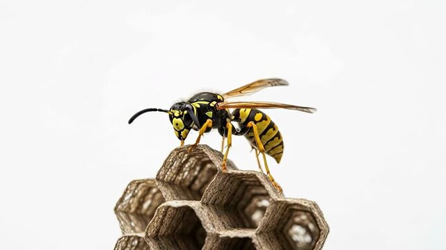 Close-up of a yellow jacket wasp on its honeycomb nest against a white background.