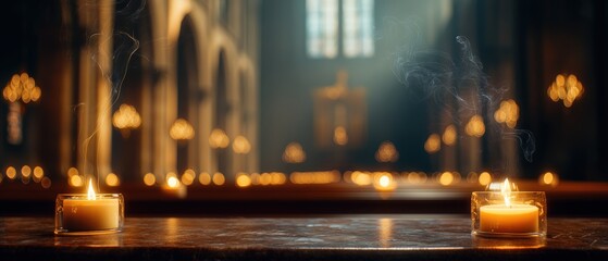 Lit candles in church interior