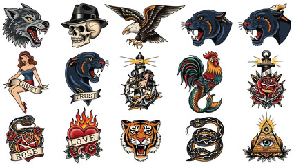 A collection of traditional tattoo designs featuring animals symbols and classic imagery