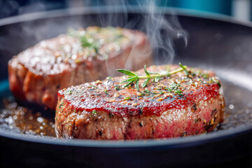 Juicy steaks sizzling in a pan with fresh herbs and seasonings releasing steam for a delicious home-cooked meal preparation close-up