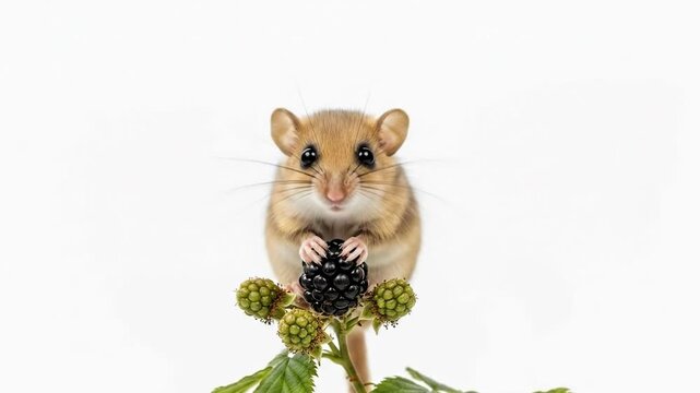 Cute Dormouse Eating a Blackberry on a White Background.