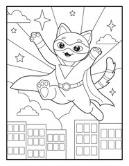 cheerful superhero cat jumping above city buildings coloring page for kids. © laky
