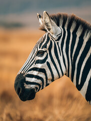 Fototapeta premium Side profile of a zebra with striking black and white stripes standing peacefully in warm golden grassland during soft natural daylight in a serene wildlife setting