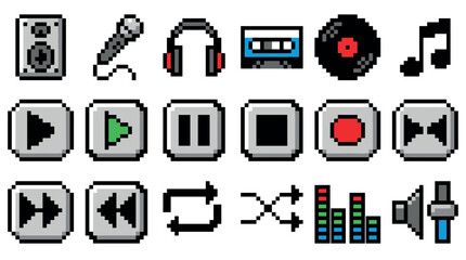 Set of retro 8-bit music icons featuring a speaker, microphone, headphones, cassette, vinyl record, and various media player control buttons for play, pause, and stop