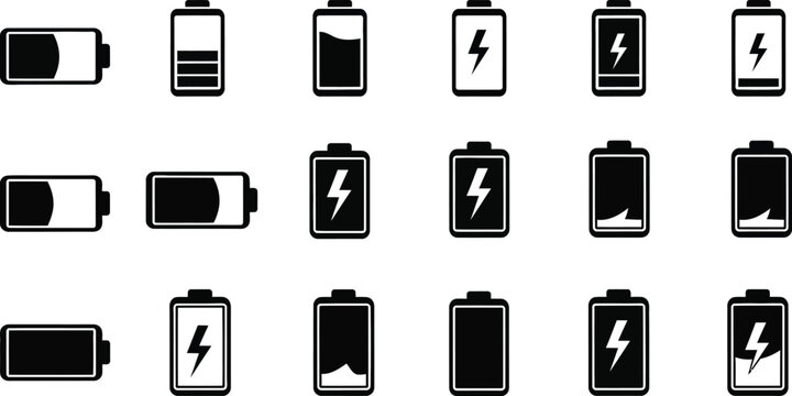 battery icons in various charge levels silhouette on transparent background