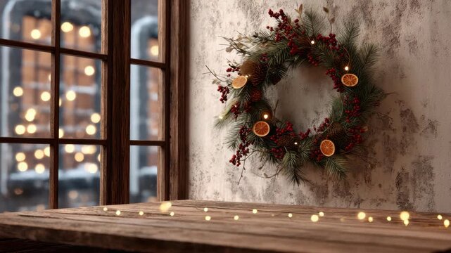 Rustic pine wreath with red berry sprigs, dried orange slices and fairy lights on textured wall, cozy wooden table and frosted window with warm bokeh lights creating festive rustic holiday atmosphere