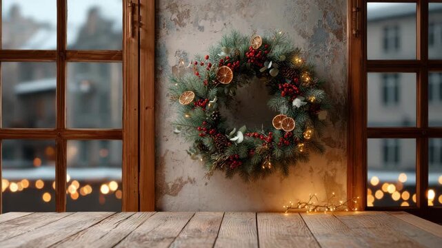 Festive pine and evergreen wreath with dried orange slices, red berries, cozy holiday Christmas decoration with warm fairy lights, rustic wooden window and table, soft bokeh evening glow