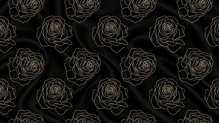 Black rose silhouette pattern with thin golden line accents pattern on seamless black silk texture