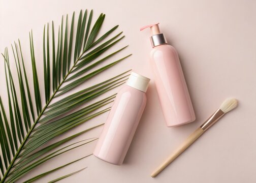 A set of pink and red makeup brushes and cosmetic accessories like lipstick, mascara, and nail polish isolated for a glamour and fashion beauty care collection