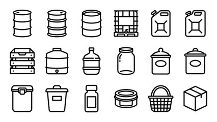 Collection of black outline container icons representing various types of packaging like barrels, cans, bottles, boxes, jars, crates, and baskets for storage and transport