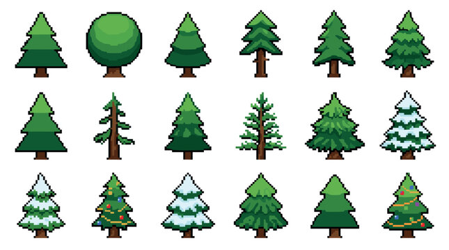 Collection of pixel art trees showing different seasonal variations like summer, winter snow, and decorated Christmas firs, designed as sprites for a retro video game