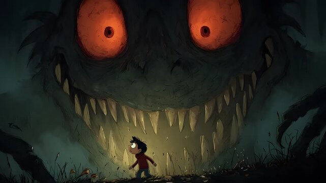 Child facing giant monster in dark, eerie forest setting