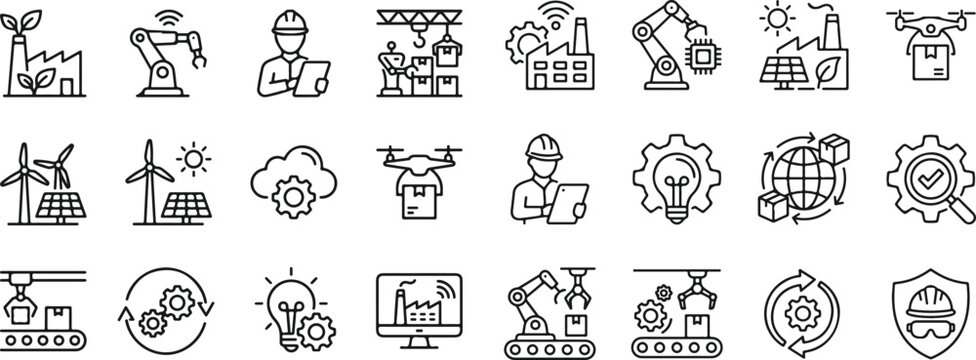 Collection of industrial and technology line icons including robots and renewable energy symbols  industrial and technological advancement concepts