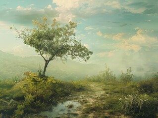 Foggy pine forest landscape