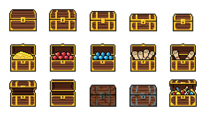 Pixel art treasure chest icon set for video games showing open, closed, and full chests with gold coins, gems, and maps in a retro 8-bit style illustration collection
