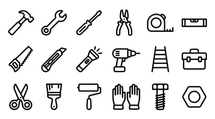 Obraz premium Set of black line art icons representing various construction and repair tools like a hammer, wrench, screwdriver, drill, and saw for DIY and home improvement projects