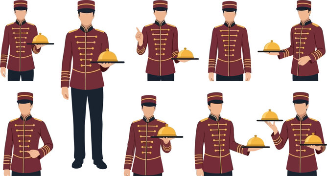 collection of bellhop illustrations in various poses silhouette on transparent background