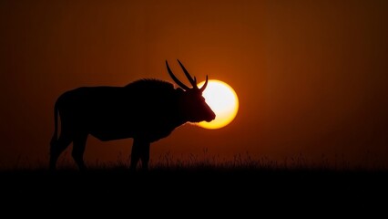 Silhouette of a horned animal against a sunset background