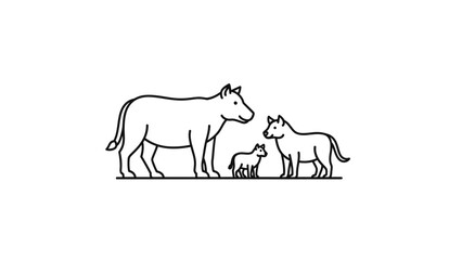 Obraz premium Farm Animal Family Silhouette: Cow, Dog, Puppy Line Art