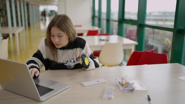 A smart teenage female student building a robotic car while using a laptop to set up or write control code for technology in an after-school library
