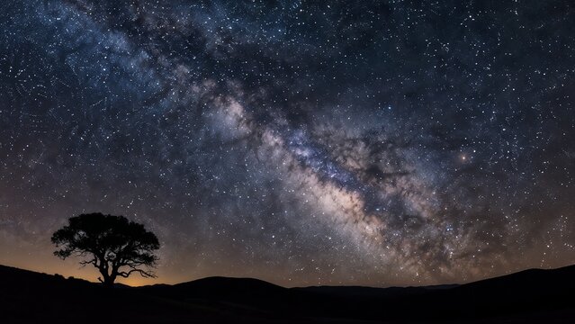 Starry night sky with visible constellations and a silhouetted tree