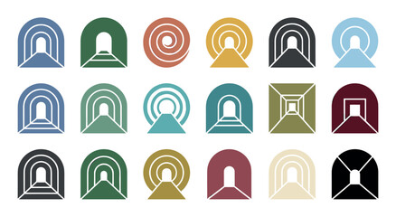 Collection of colorful minimalist tunnel icons in various geometric shapes, including arches and circles, illustrating concepts of journey, perspective, and pathways