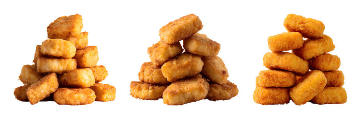 Crispy Golden Fried Chicken Nugget Stacks on Transparent Background PNG set with transparent background