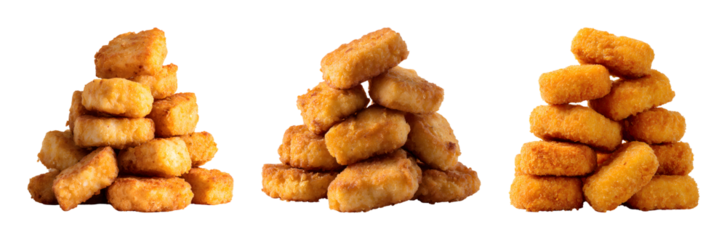 Crispy Golden Fried Chicken Nugget Stacks on Transparent Background PNG set with transparent background