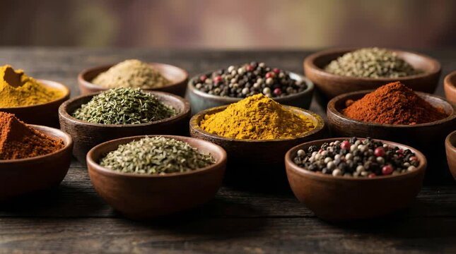Variety of Spices Displayed in Wooden Bowls on Rustic Wooden Table Against Blurred Background