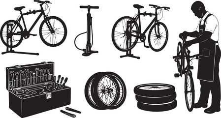 Bicycle repair shop with tools and equipment illustration set